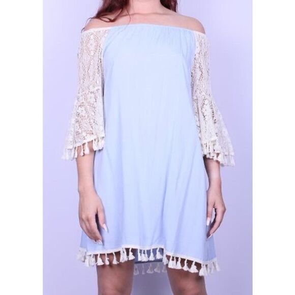 Southern Stitch Blue Crochet Lace Bell Sleeve Tassel Off the Shoulder Dress XXXL - Picture 1 of 8